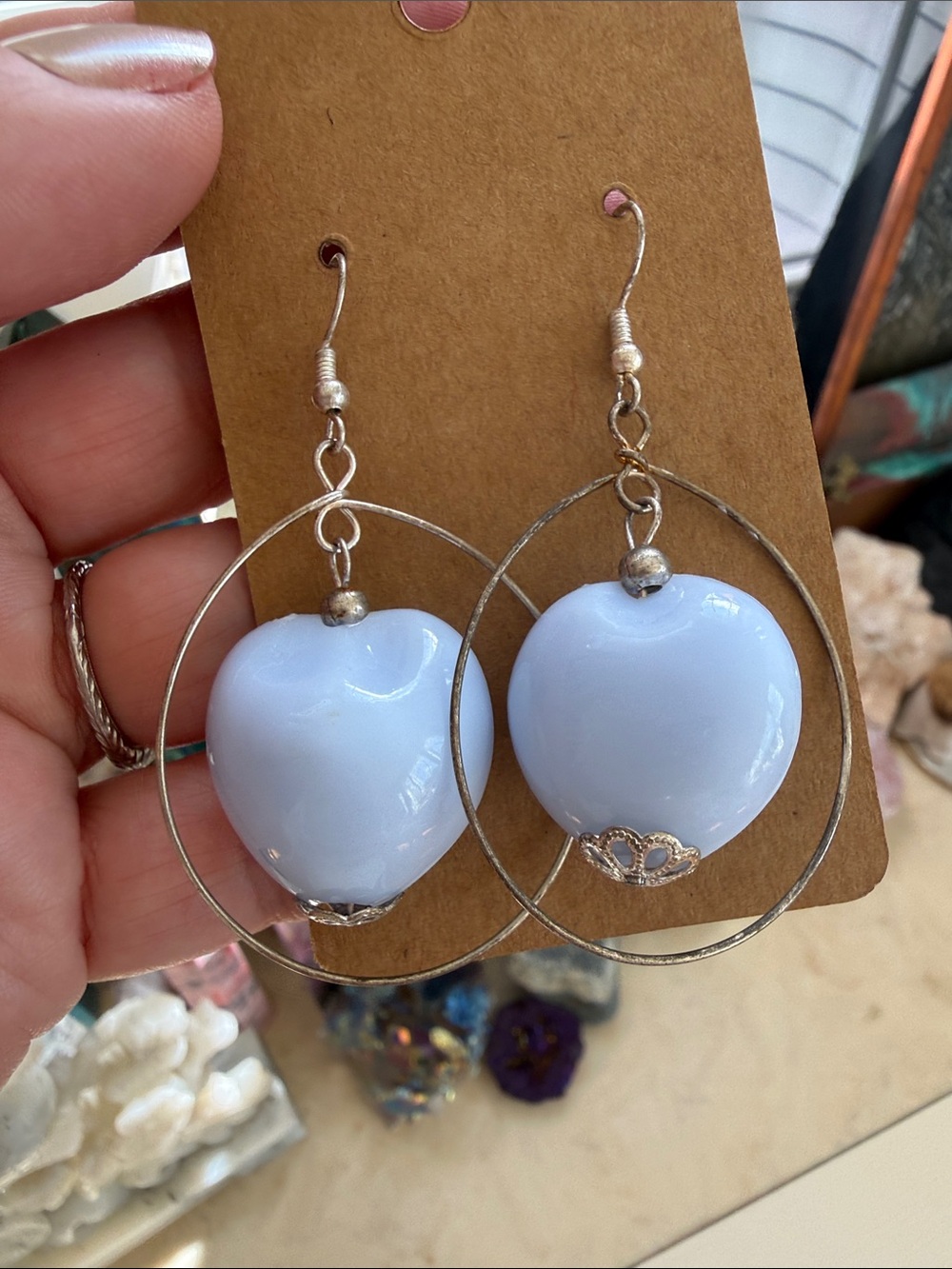 Silver Hoop porcelain ceramic Earrings with Light Blue Heart Beads